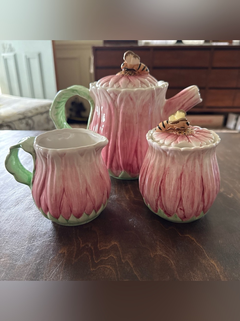 Pink Floral Ceramic Tea Set with Bee Finials gerber daisy cottage core